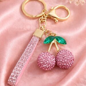 Crystal Pink Cherry Keychain with Green Leaf Accent